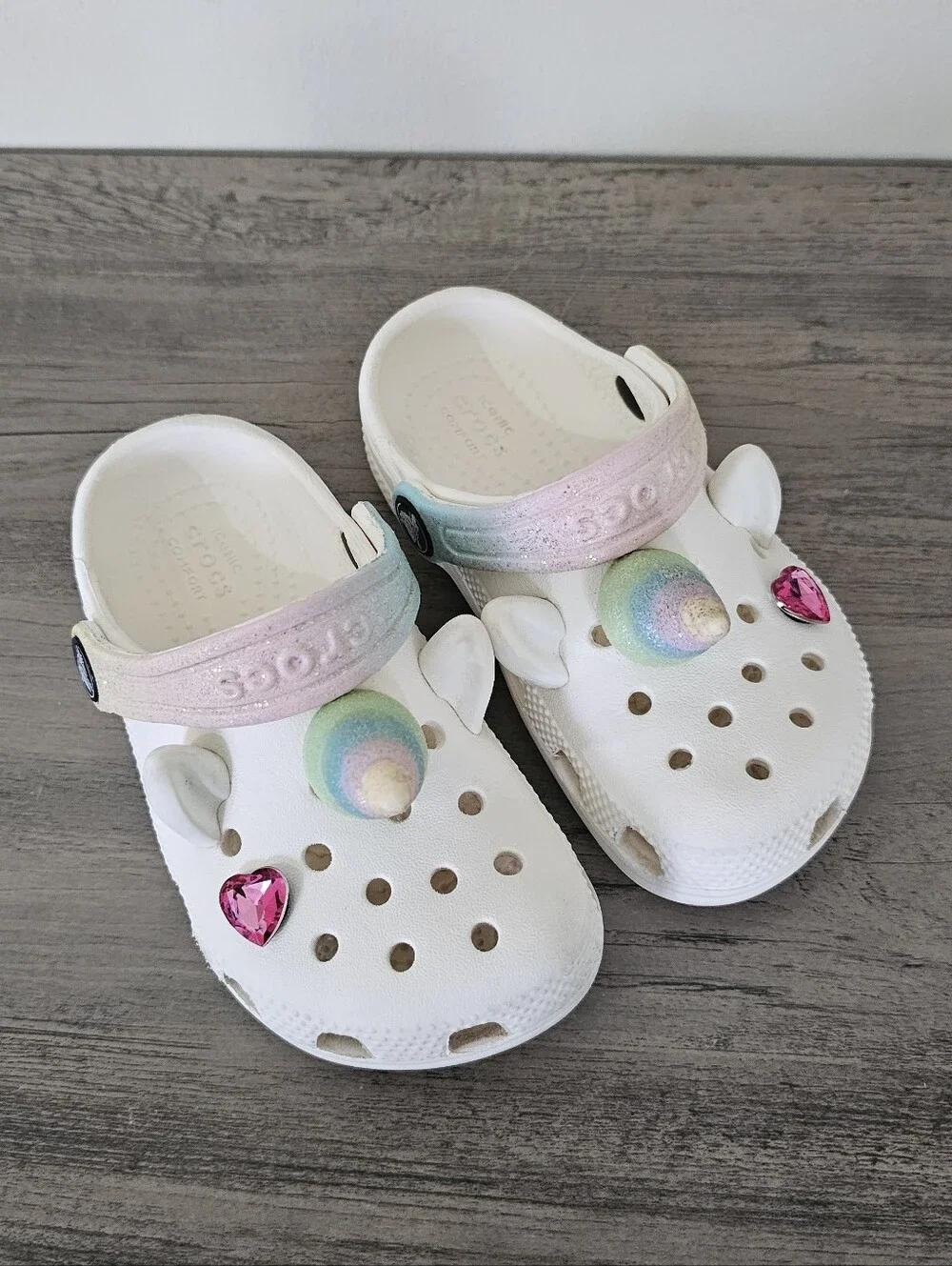 CROCS Kids White Unicorn Clogs Pastel Rainbow Horn Pink Heart Gems C 9 Toddler